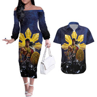 Philippines The First Hero Couples Matching Off The Shoulder Long Sleeve Dress and Hawaiian Shirt Lapu Lapu Know Your Roots LT05 Navy - Polynesian Pride