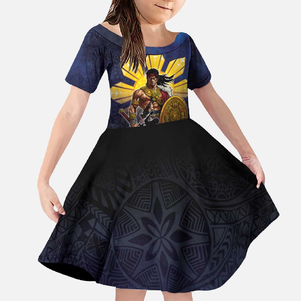 Philippines The First Hero Family Matching Off The Shoulder Long Sleeve Dress and Hawaiian Shirt Lapu Lapu Know Your Roots LT05 Daughter's Dress Navy - Polynesian Pride