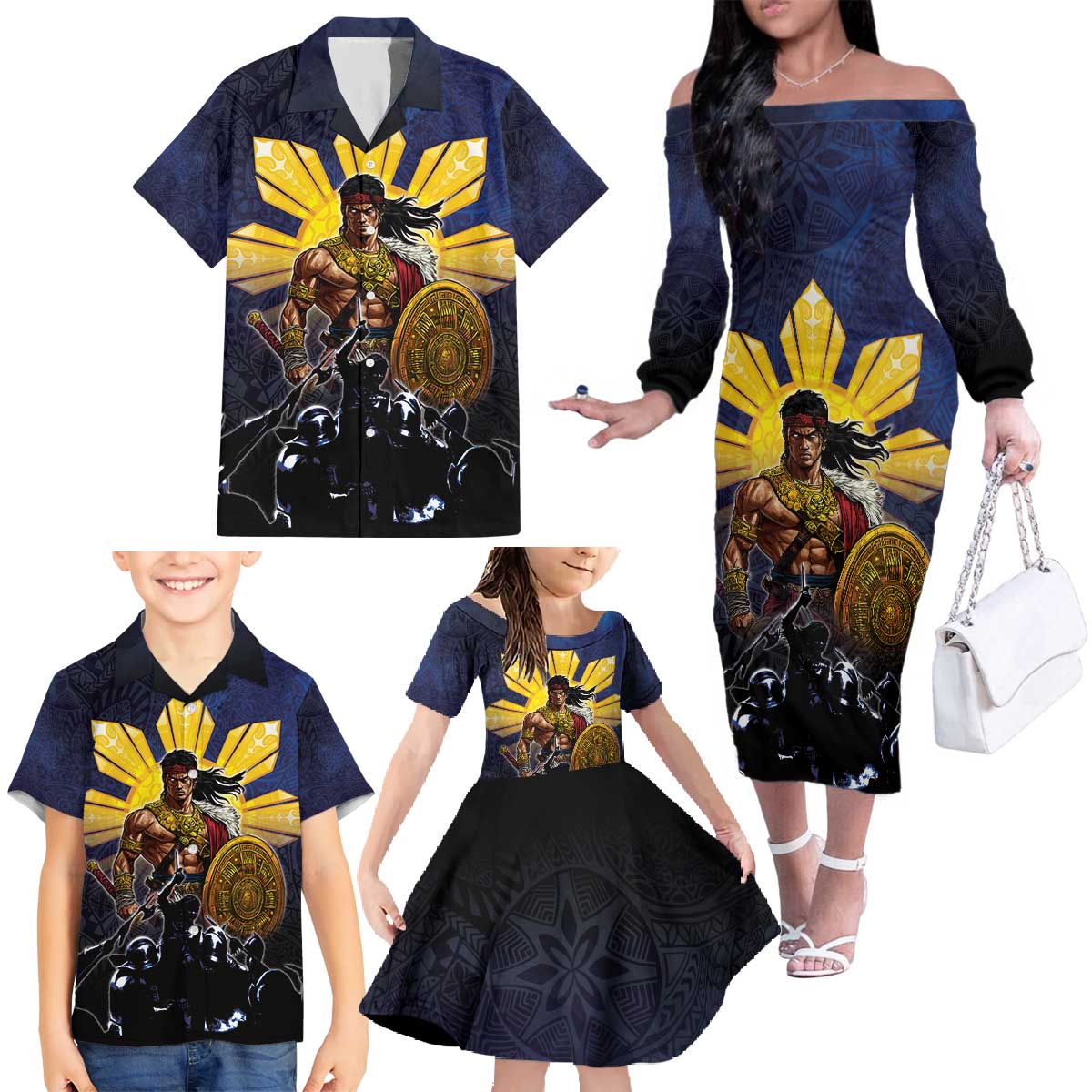Philippines The First Hero Family Matching Off The Shoulder Long Sleeve Dress and Hawaiian Shirt Lapu Lapu Know Your Roots LT05 - Polynesian Pride