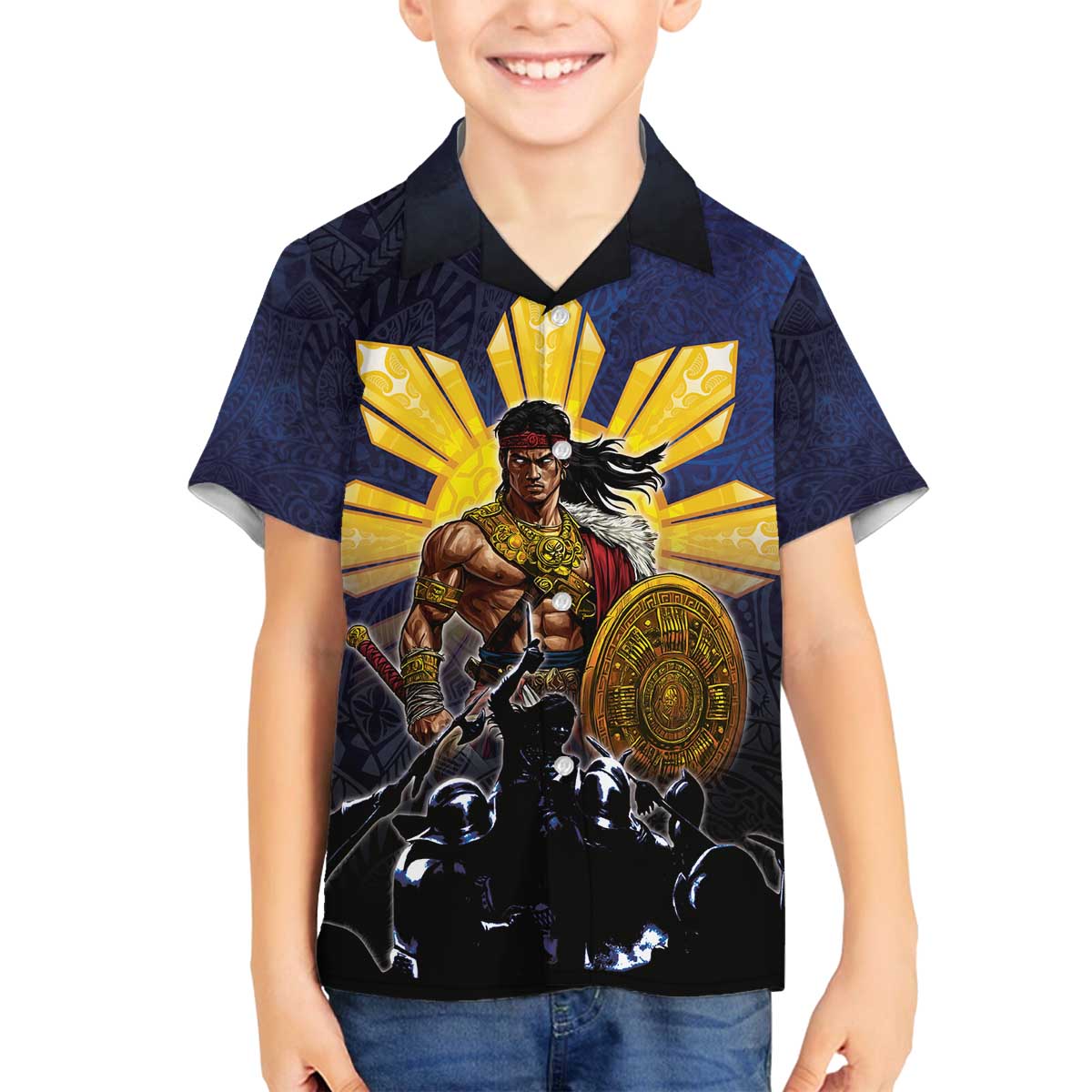 Philippines The First Hero Family Matching Off The Shoulder Long Sleeve Dress and Hawaiian Shirt Lapu Lapu Know Your Roots LT05 Son's Shirt Navy - Polynesian Pride