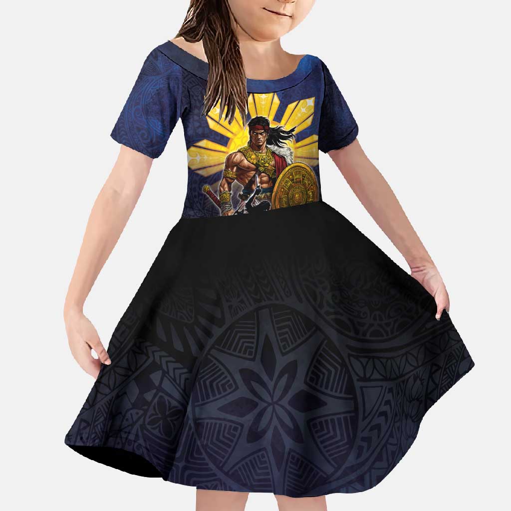 Philippines The First Hero Family Matching Off Shoulder Maxi Dress and Hawaiian Shirt Lapu Lapu Know Your Roots LT05 Daughter's Dress Navy - Polynesian Pride