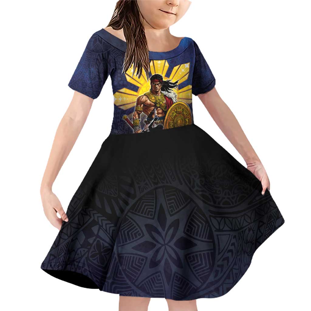 Philippines The First Hero Family Matching Off Shoulder Short Dress and Hawaiian Shirt Lapu Lapu Know Your Roots LT05 Daughter's Dress Navy - Polynesian Pride