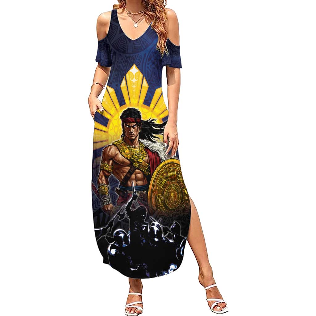 Philippines The First Hero Family Matching Summer Maxi Dress and Hawaiian Shirt Lapu Lapu Know Your Roots LT05 Mom's Dress Navy - Polynesian Pride