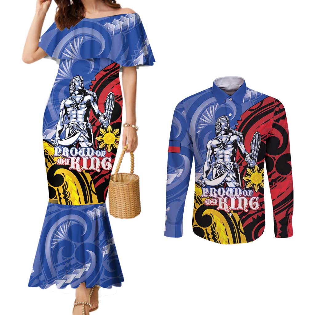 Philippines Lapu-Lapu Couples Matching Mermaid Dress and Long Sleeve Button Shirt Proud Of My King LT05 Blue - Polynesian Pride