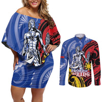Philippines Lapu-Lapu Couples Matching Off Shoulder Short Dress and Long Sleeve Button Shirt Proud Of My King LT05 Blue - Polynesian Pride