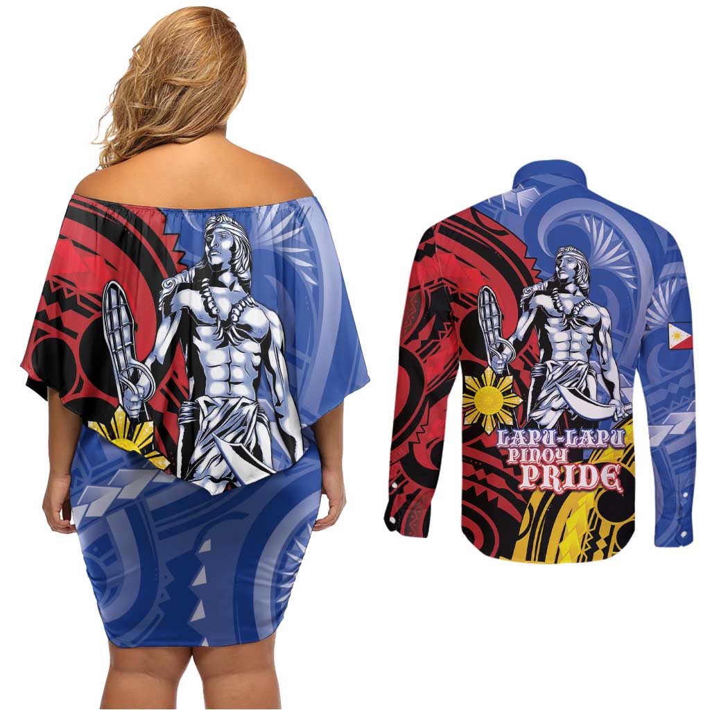 Philippines Lapu-Lapu Couples Matching Off Shoulder Short Dress and Long Sleeve Button Shirt Proud Of My King LT05 - Polynesian Pride