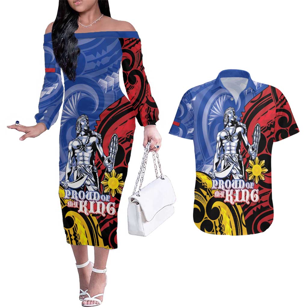 Philippines Lapu-Lapu Couples Matching Off The Shoulder Long Sleeve Dress and Hawaiian Shirt Proud Of My King LT05 Blue - Polynesian Pride
