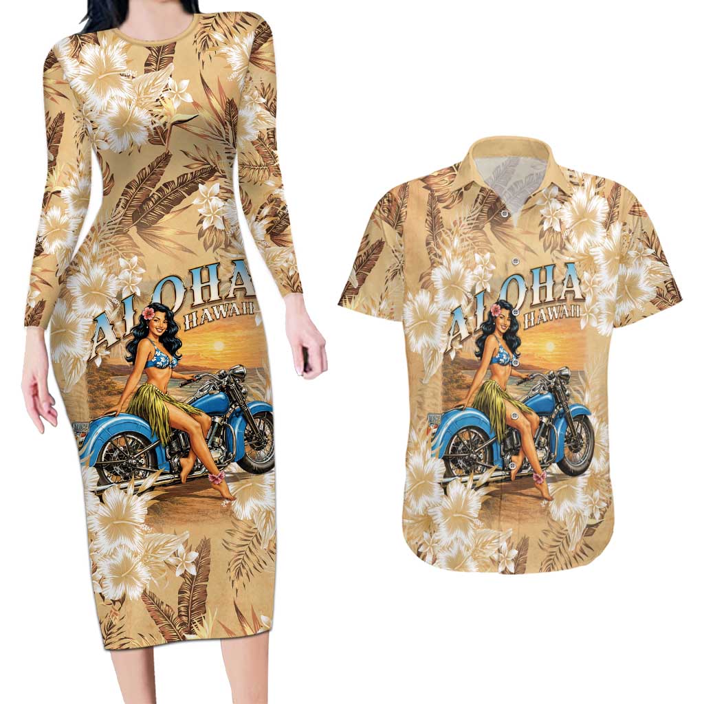 Aloha Hawaii Biker Couples Matching Long Sleeve Bodycon Dress and Hawaiian Shirt Ride To Paradise LT05 Beige - Polynesian Pride