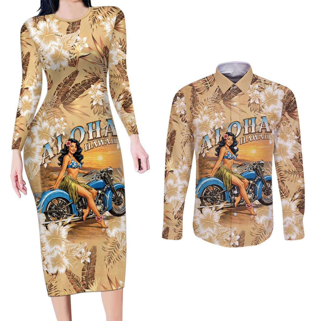 Aloha Hawaii Biker Couples Matching Long Sleeve Bodycon Dress and Long Sleeve Button Shirt Ride To Paradise LT05 Beige - Polynesian Pride
