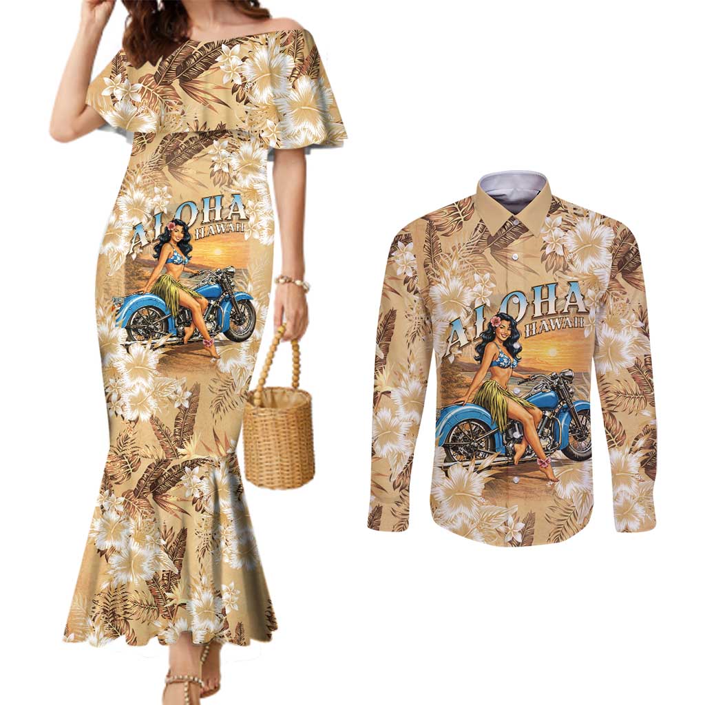 Aloha Hawaii Biker Couples Matching Mermaid Dress and Long Sleeve Button Shirt Ride To Paradise LT05 Beige - Polynesian Pride