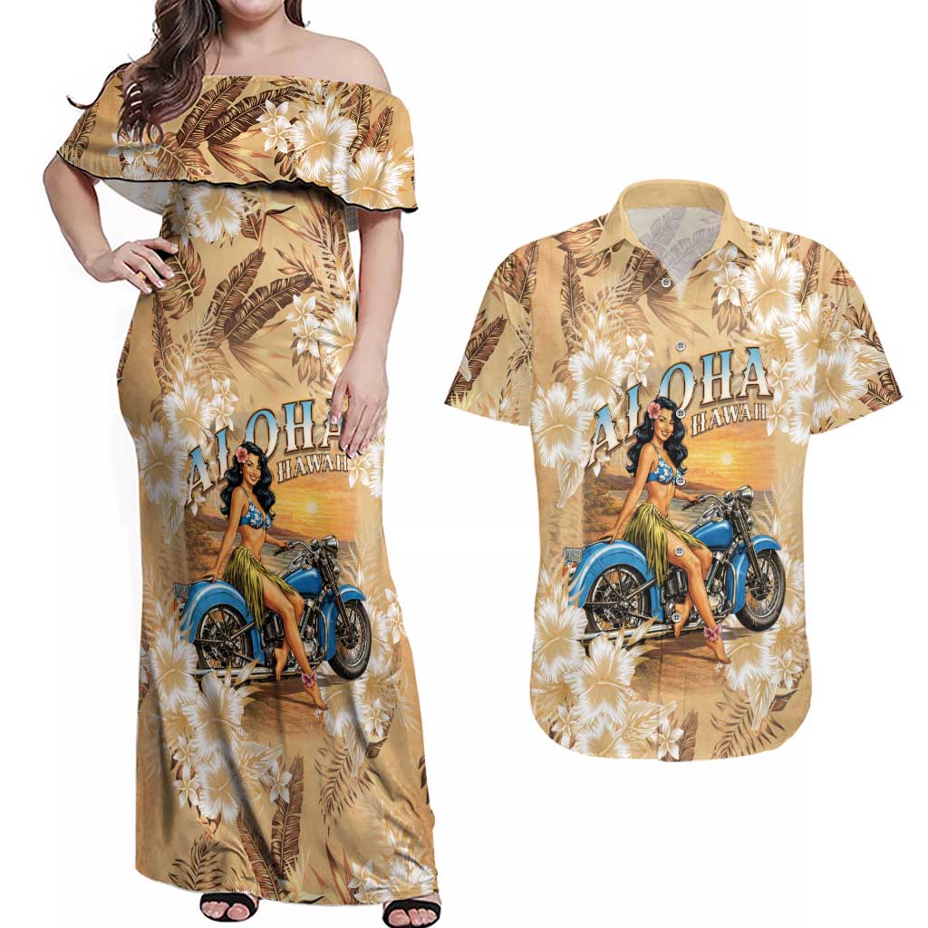 Aloha Hawaii Biker Couples Matching Off Shoulder Maxi Dress and Hawaiian Shirt Ride To Paradise LT05 Beige - Polynesian Pride