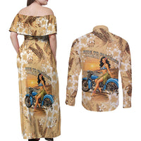 Aloha Hawaii Biker Couples Matching Off Shoulder Maxi Dress and Long Sleeve Button Shirt Ride To Paradise