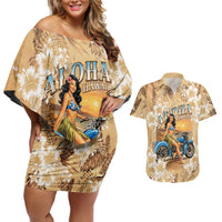 Aloha Hawaii Biker Couples Matching Off Shoulder Short Dress and Hawaiian Shirt Ride To Paradise