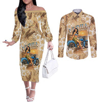 Aloha Hawaii Biker Couples Matching Off The Shoulder Long Sleeve Dress and Long Sleeve Button Shirt Ride To Paradise LT05 Beige - Polynesian Pride