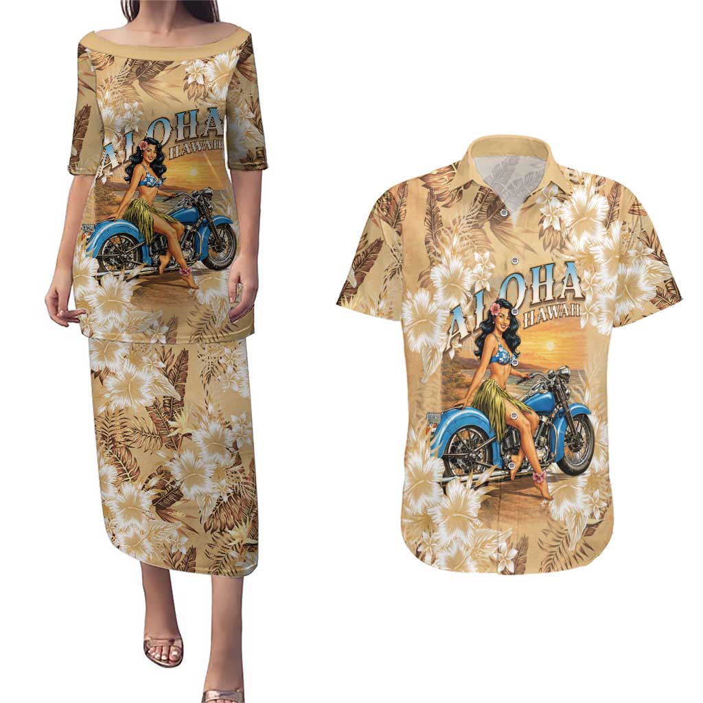 Aloha Hawaii Biker Couples Matching Puletasi and Hawaiian Shirt Ride To Paradise