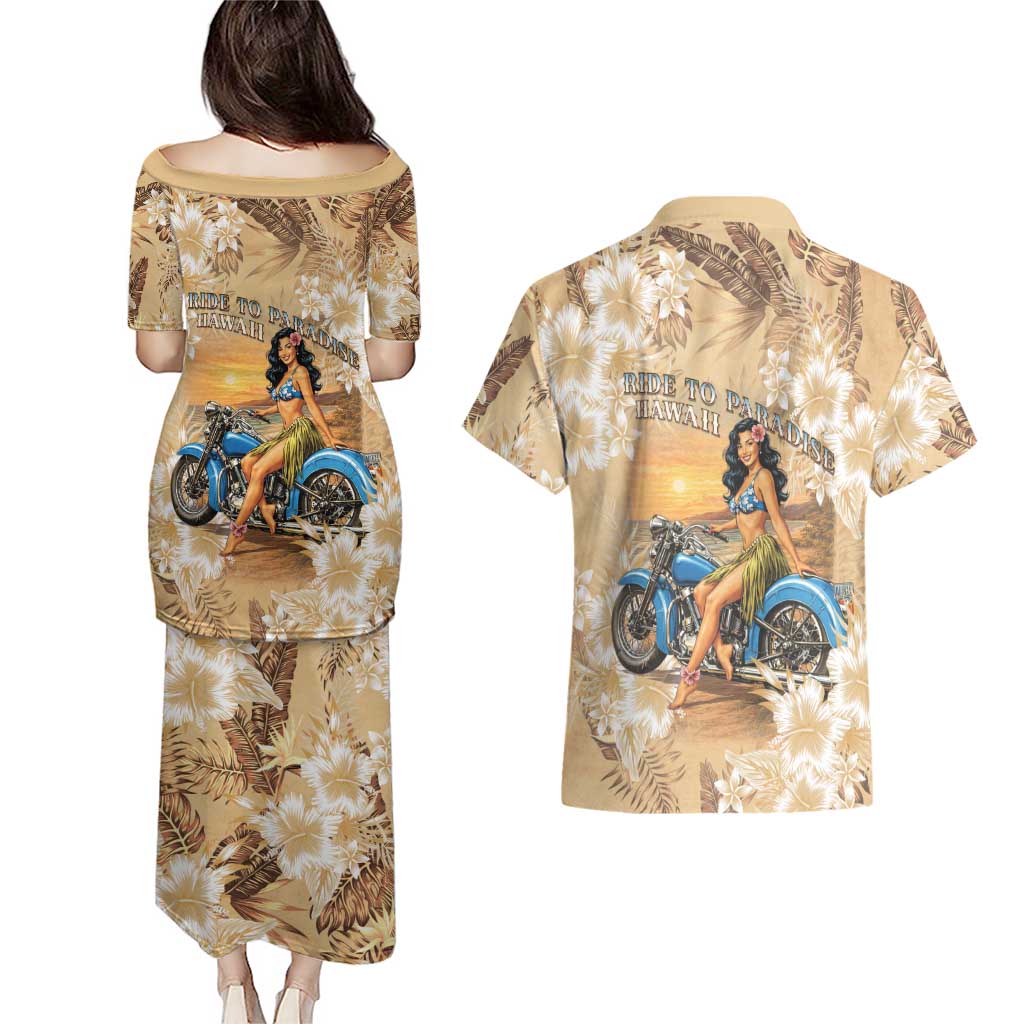 Aloha Hawaii Biker Couples Matching Puletasi and Hawaiian Shirt Ride To Paradise