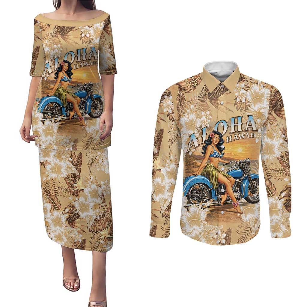 Aloha Hawaii Biker Couples Matching Puletasi and Long Sleeve Button Shirt Ride To Paradise LT05 Beige - Polynesian Pride