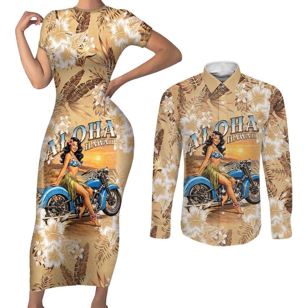 Aloha Hawaii Biker Couples Matching Short Sleeve Bodycon Dress and Long Sleeve Button Shirt Ride To Paradise LT05 Beige - Polynesian Pride