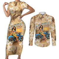 Aloha Hawaii Biker Couples Matching Short Sleeve Bodycon Dress and Long Sleeve Button Shirt Ride To Paradise LT05 Beige - Polynesian Pride
