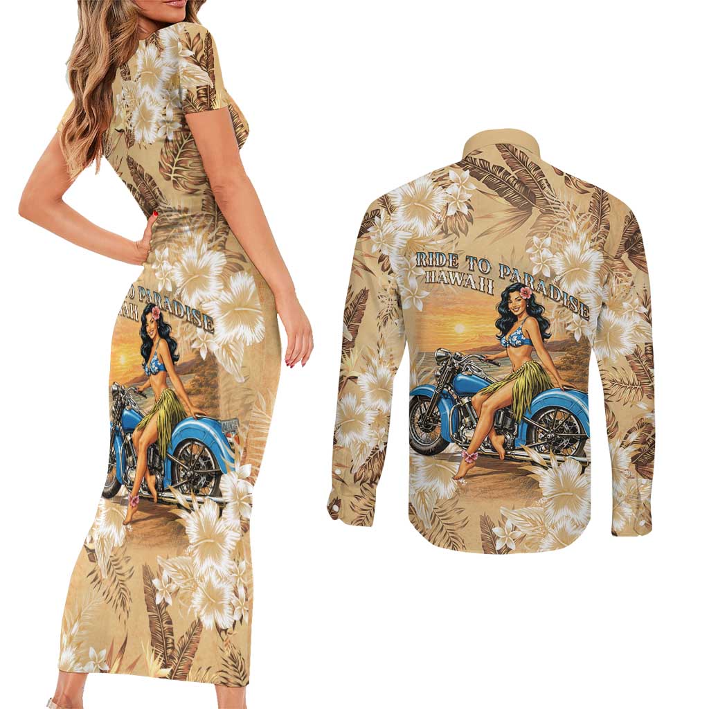 Aloha Hawaii Biker Couples Matching Short Sleeve Bodycon Dress and Long Sleeve Button Shirt Ride To Paradise LT05 - Polynesian Pride
