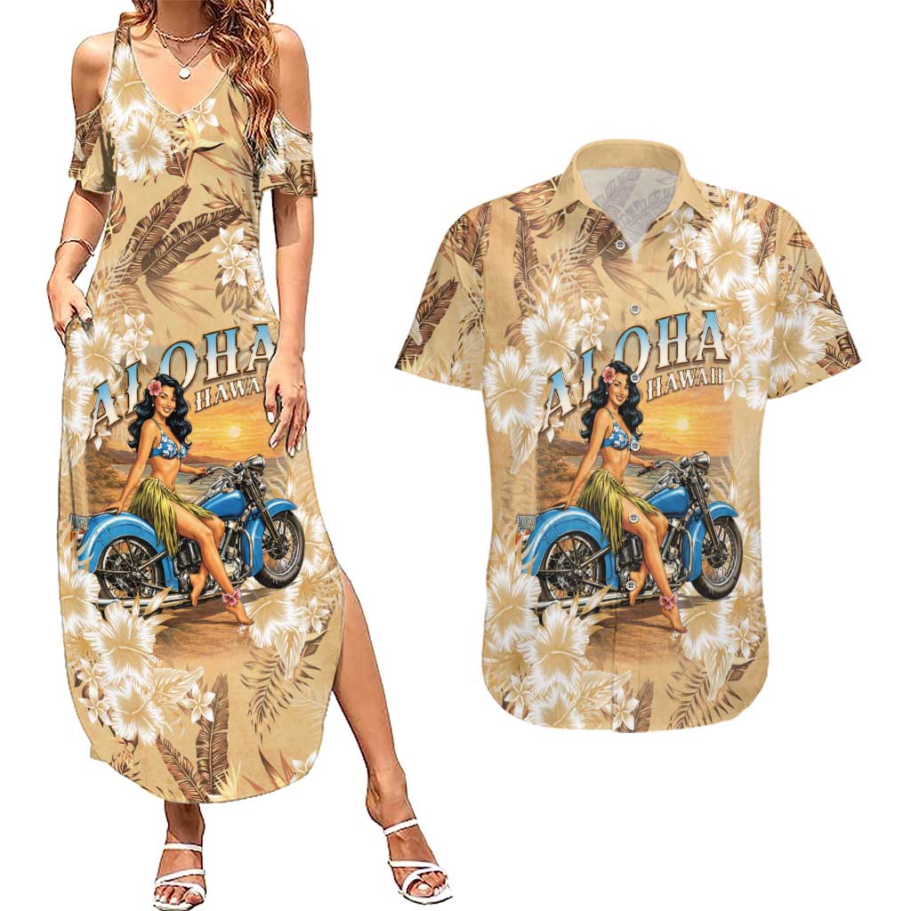 Aloha Hawaii Biker Couples Matching Summer Maxi Dress and Hawaiian Shirt Ride To Paradise LT05 Beige - Polynesian Pride