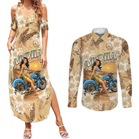 Aloha Hawaii Biker Couples Matching Summer Maxi Dress and Long Sleeve Button Shirt Ride To Paradise
