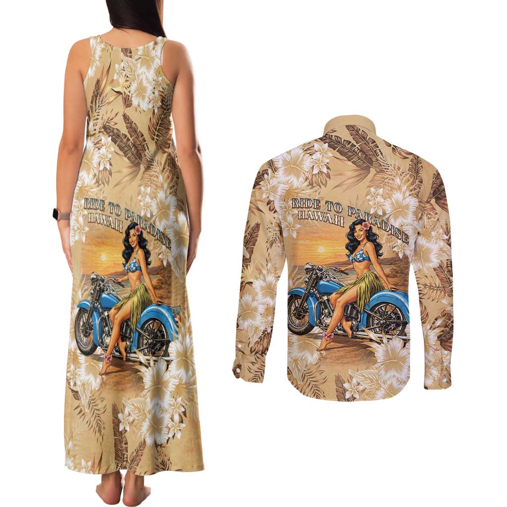 Aloha Hawaii Biker Couples Matching Tank Maxi Dress and Long Sleeve Button Shirt Ride To Paradise