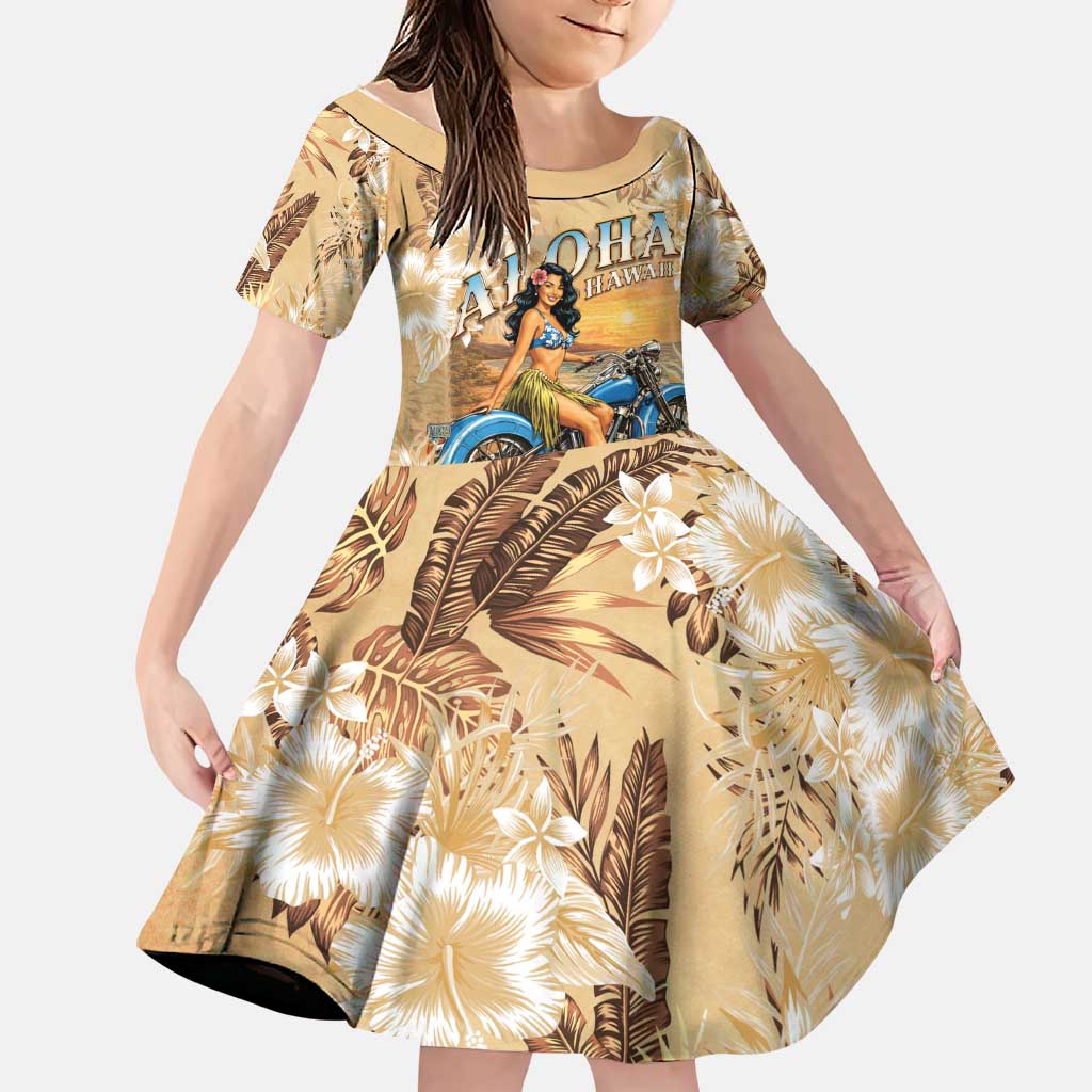Aloha Hawaii Biker Family Matching Puletasi and Hawaiian Shirt Ride To Paradise LT05 Daughter's Dress Beige - Polynesian Pride