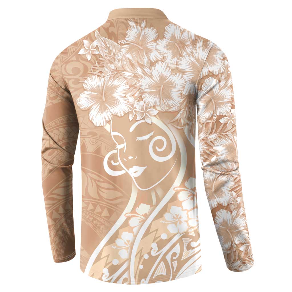 Polynesian Women's Day Button Sweatshirt Brown Hibiscus Flowers With Polynesian Pattern