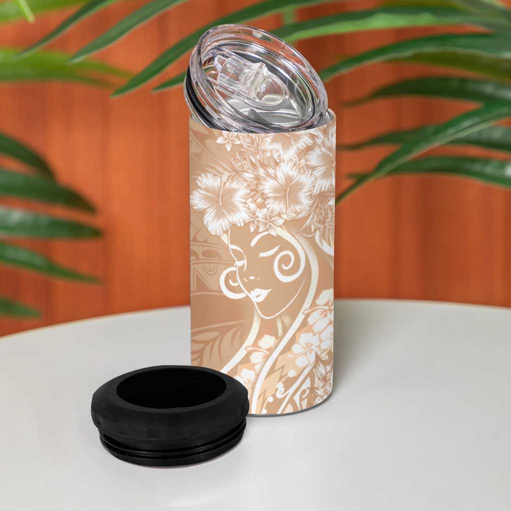 Polynesian Women's Day 4 in 1 Can Cooler Tumbler Brown Hibiscus Flowers With Polynesian Pattern