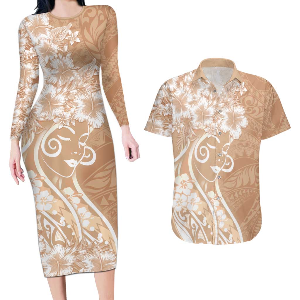 Polynesian Women's Day Couples Matching Long Sleeve Bodycon Dress and Hawaiian Shirt Brown Hibiscus Flowers With Polynesian Pattern LT05 Brown - Polynesian Pride
