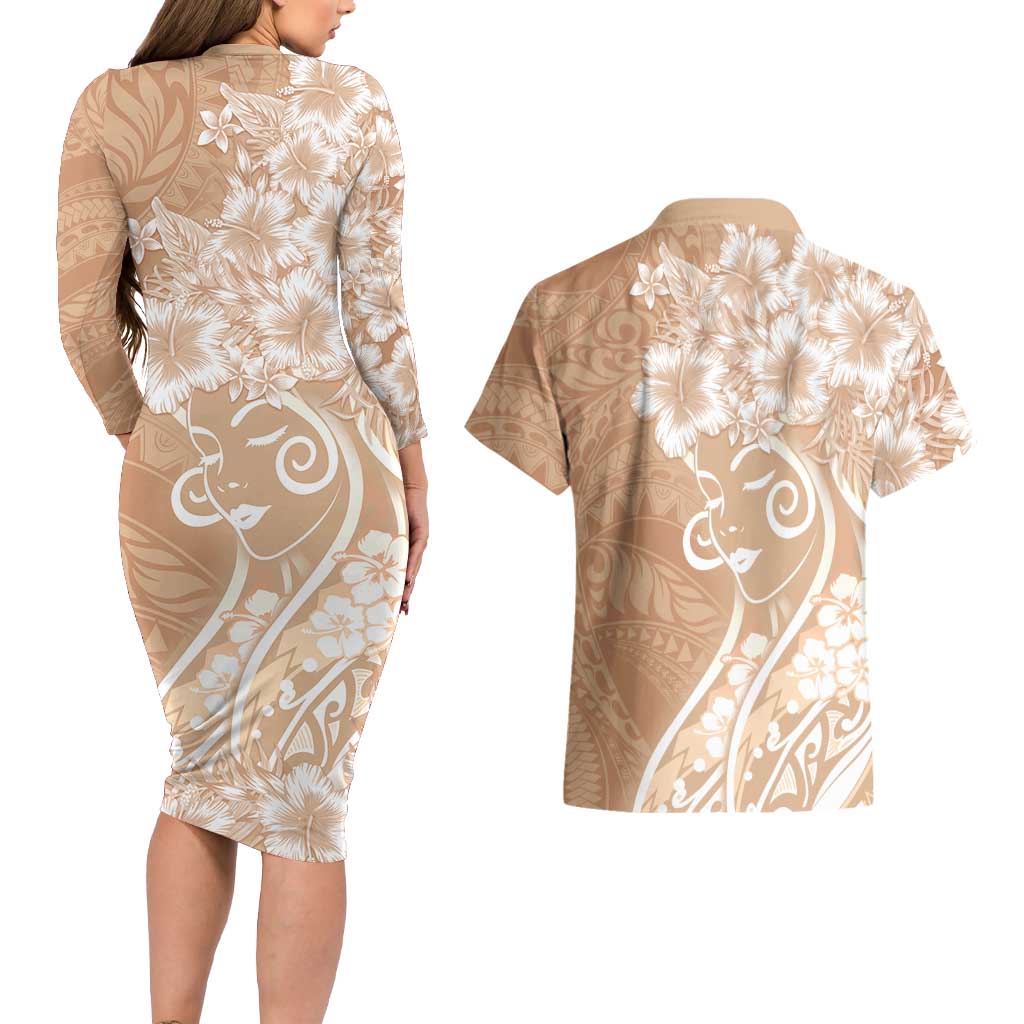 Polynesian Women's Day Couples Matching Long Sleeve Bodycon Dress and Hawaiian Shirt Brown Hibiscus Flowers With Polynesian Pattern LT05 - Polynesian Pride