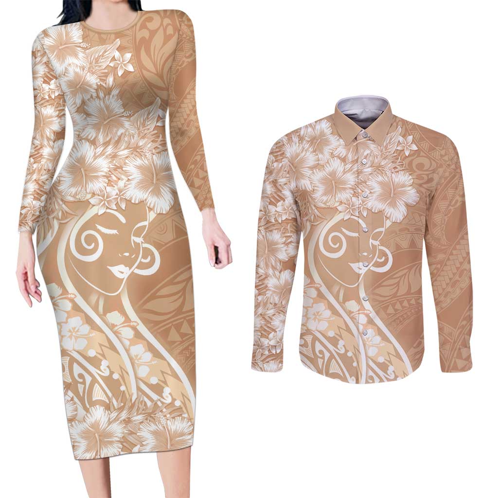Polynesian Women's Day Couples Matching Long Sleeve Bodycon Dress and Long Sleeve Button Shirt Brown Hibiscus Flowers With Polynesian Pattern LT05 Brown - Polynesian Pride