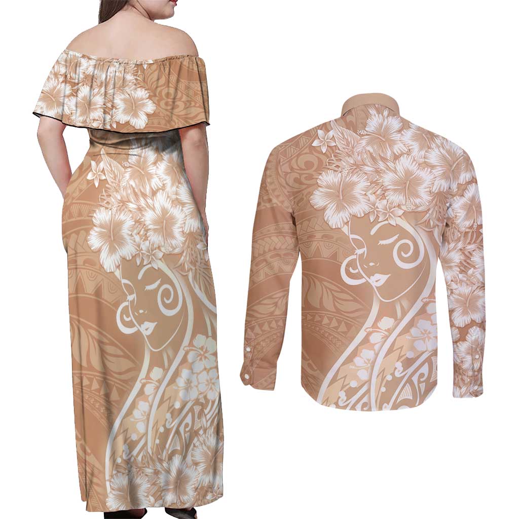 Polynesian Women's Day Couples Matching Off Shoulder Maxi Dress and Long Sleeve Button Shirt Brown Hibiscus Flowers With Polynesian Pattern