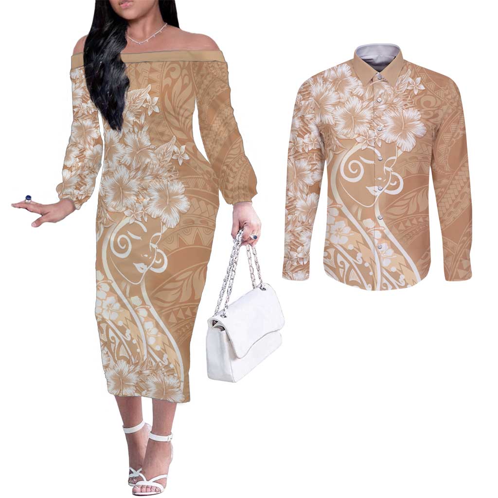 Polynesian Women's Day Couples Matching Off The Shoulder Long Sleeve Dress and Long Sleeve Button Shirt Brown Hibiscus Flowers With Polynesian Pattern LT05 Brown - Polynesian Pride