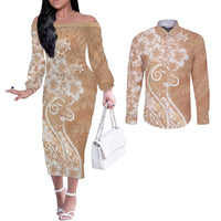 Polynesian Women's Day Couples Matching Off The Shoulder Long Sleeve Dress and Long Sleeve Button Shirt Brown Hibiscus Flowers With Polynesian Pattern LT05 Brown - Polynesian Pride