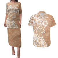 Polynesian Women's Day Couples Matching Puletasi and Hawaiian Shirt Brown Hibiscus Flowers With Polynesian Pattern