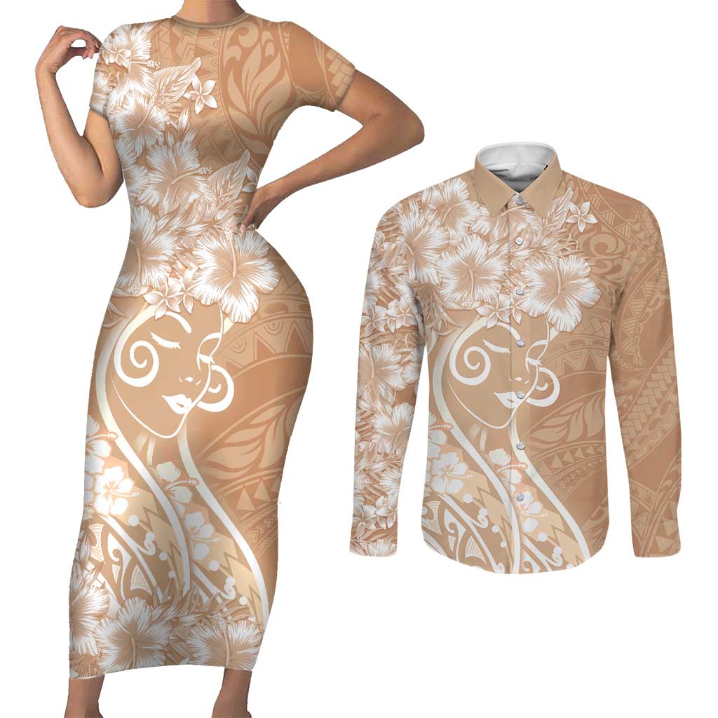 Polynesian Women's Day Couples Matching Short Sleeve Bodycon Dress and Long Sleeve Button Shirt Brown Hibiscus Flowers With Polynesian Pattern LT05 Brown - Polynesian Pride
