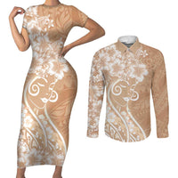 Polynesian Women's Day Couples Matching Short Sleeve Bodycon Dress and Long Sleeve Button Shirt Brown Hibiscus Flowers With Polynesian Pattern LT05 Brown - Polynesian Pride