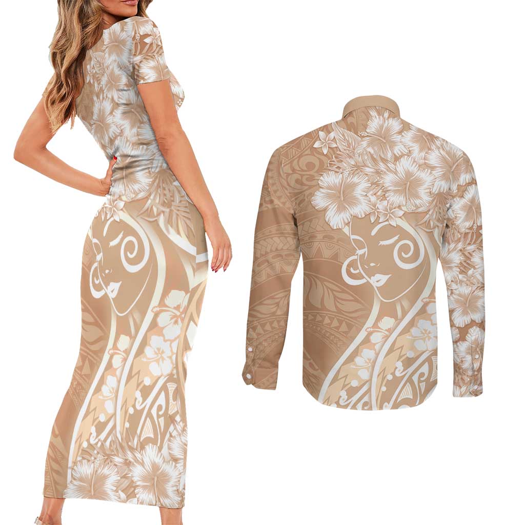 Polynesian Women's Day Couples Matching Short Sleeve Bodycon Dress and Long Sleeve Button Shirt Brown Hibiscus Flowers With Polynesian Pattern LT05 - Polynesian Pride