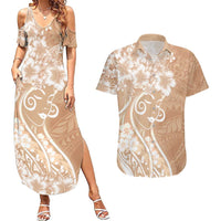 Polynesian Women's Day Couples Matching Summer Maxi Dress and Hawaiian Shirt Brown Hibiscus Flowers With Polynesian Pattern