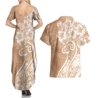Polynesian Women's Day Couples Matching Summer Maxi Dress and Hawaiian Shirt Brown Hibiscus Flowers With Polynesian Pattern