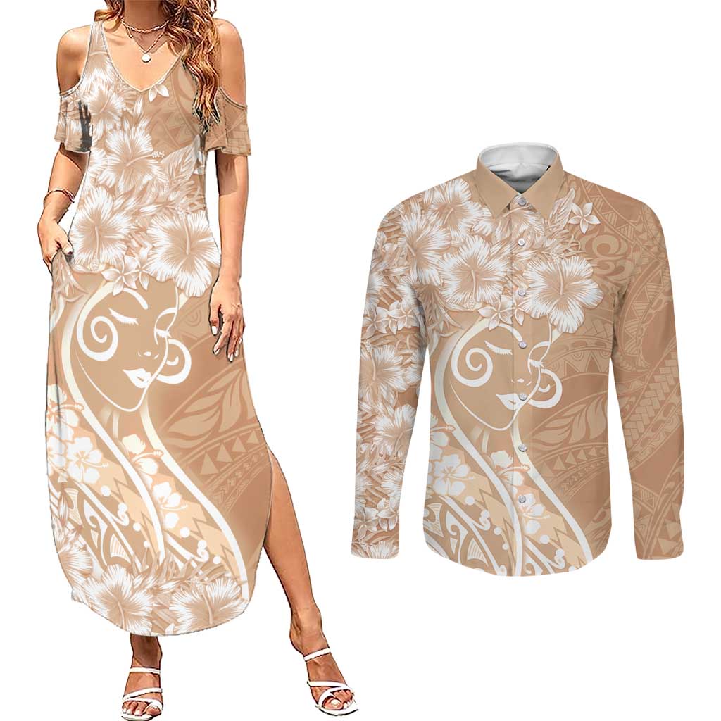 Polynesian Women's Day Couples Matching Summer Maxi Dress and Long Sleeve Button Shirt Brown Hibiscus Flowers With Polynesian Pattern LT05 Brown - Polynesian Pride