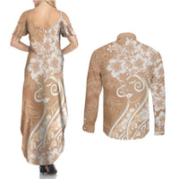 Polynesian Women's Day Couples Matching Summer Maxi Dress and Long Sleeve Button Shirt Brown Hibiscus Flowers With Polynesian Pattern LT05 - Polynesian Pride