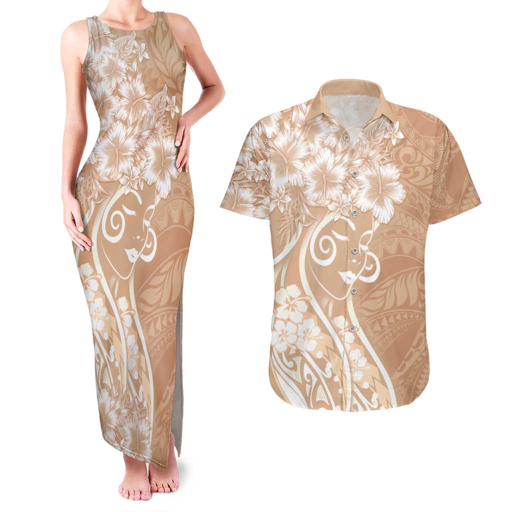 Polynesian Women's Day Couples Matching Tank Maxi Dress and Hawaiian Shirt Brown Hibiscus Flowers With Polynesian Pattern LT05 Brown - Polynesian Pride
