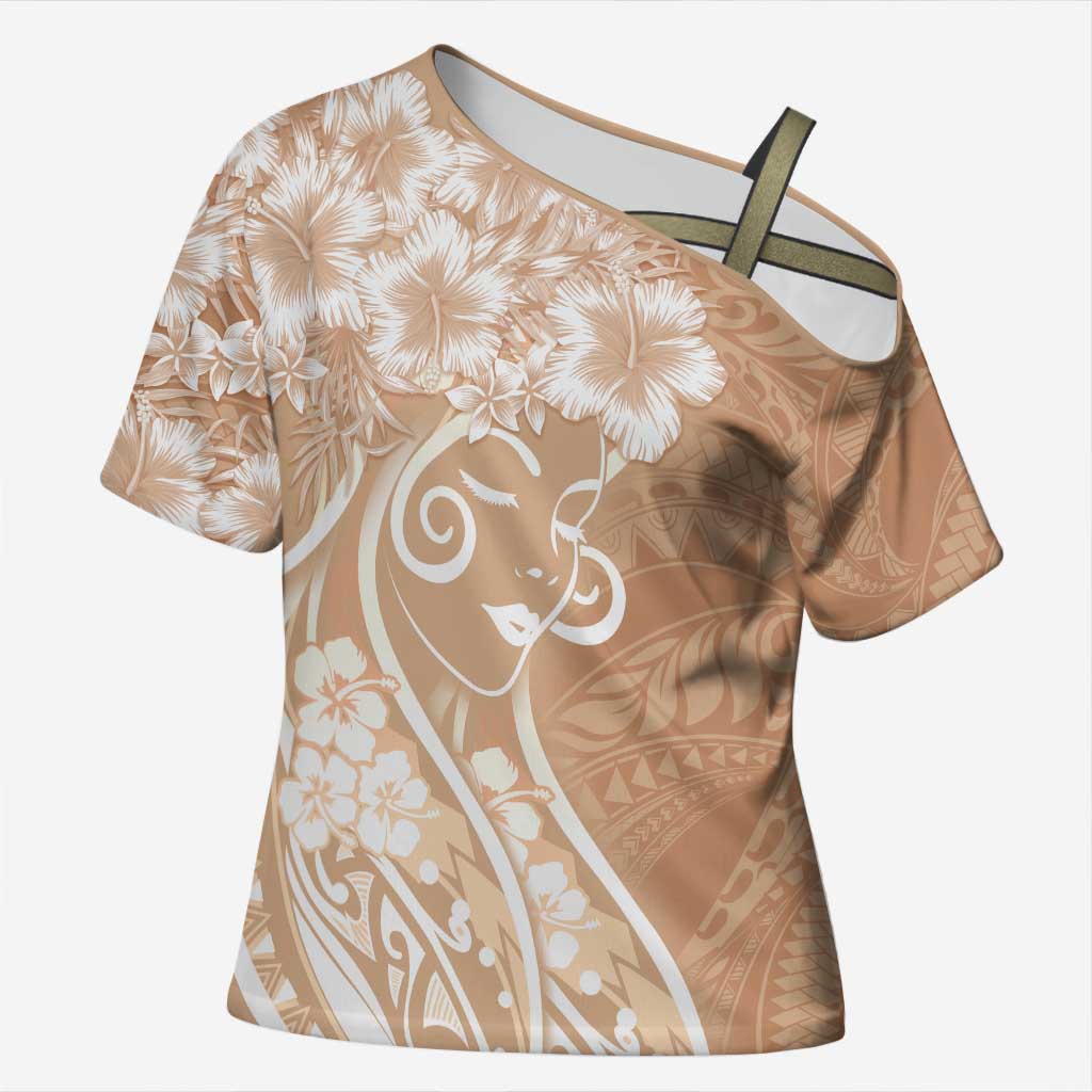 Polynesian Women's Day Cross Shoulder Shirt Brown Hibiscus Flowers With Polynesian Pattern LT05 Female Brown - Polynesian Pride