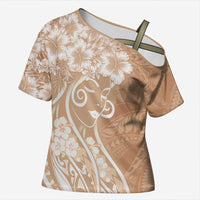 Polynesian Women's Day Cross Shoulder Shirt Brown Hibiscus Flowers With Polynesian Pattern LT05 Female Brown - Polynesian Pride