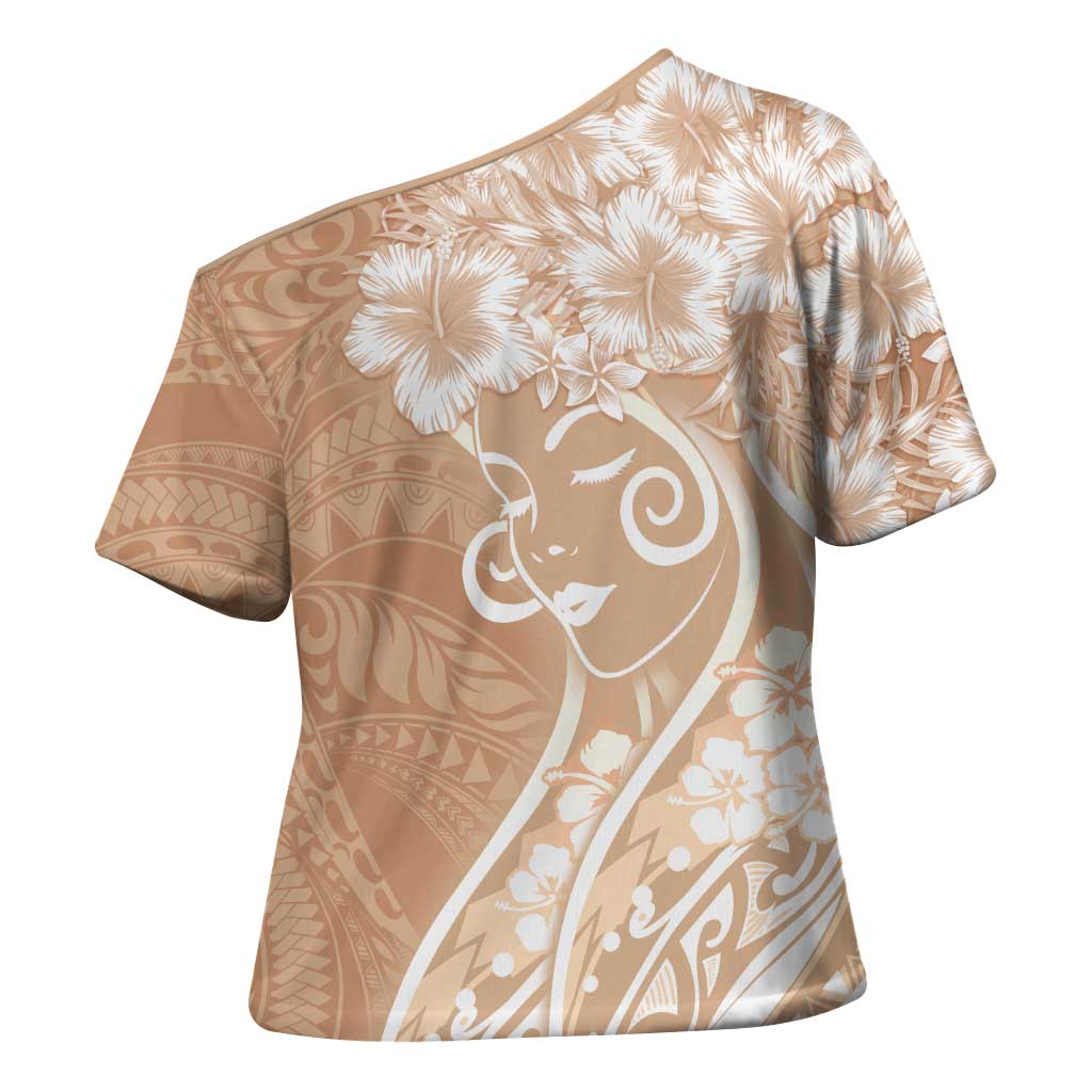 Polynesian Women's Day Cross Shoulder Shirt Brown Hibiscus Flowers With Polynesian Pattern LT05 - Polynesian Pride