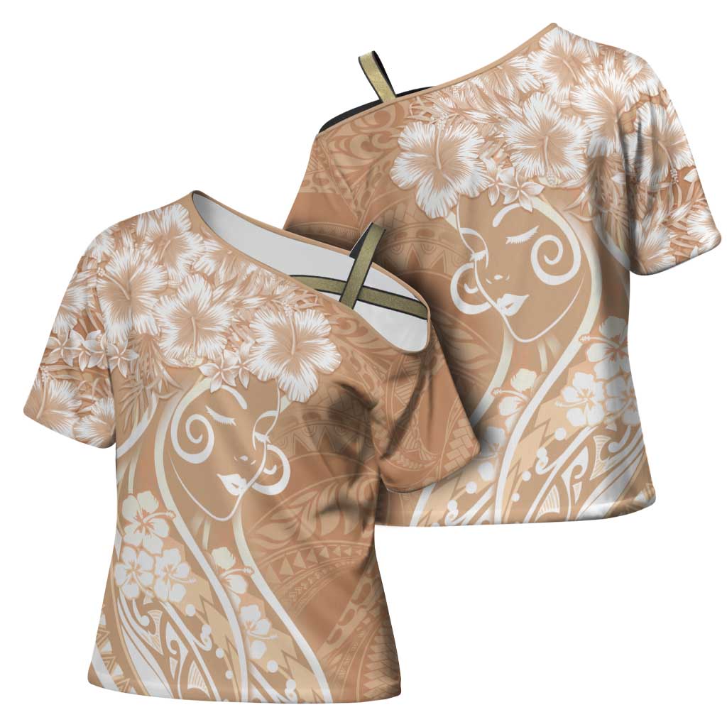 Polynesian Women's Day Cross Shoulder Shirt Brown Hibiscus Flowers With Polynesian Pattern LT05 - Polynesian Pride