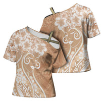 Polynesian Women's Day Cross Shoulder Shirt Brown Hibiscus Flowers With Polynesian Pattern LT05 - Polynesian Pride